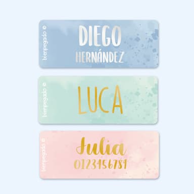 Etiquetas personalizadas pequeñas en dorado/plateado con diseño de acuarela.