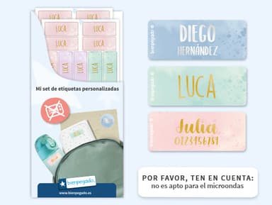 Etiquetas personalizadas pequeñas en dorado/plateado con diseño de acuarela.