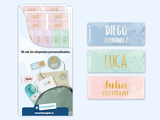 Etiquetas personalizadas pequeñas en dorado/plateado con diseño de acuarela.