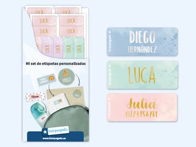 Etiquetas personalizadas pequeñas en dorado/plateado con diseño de acuarela.